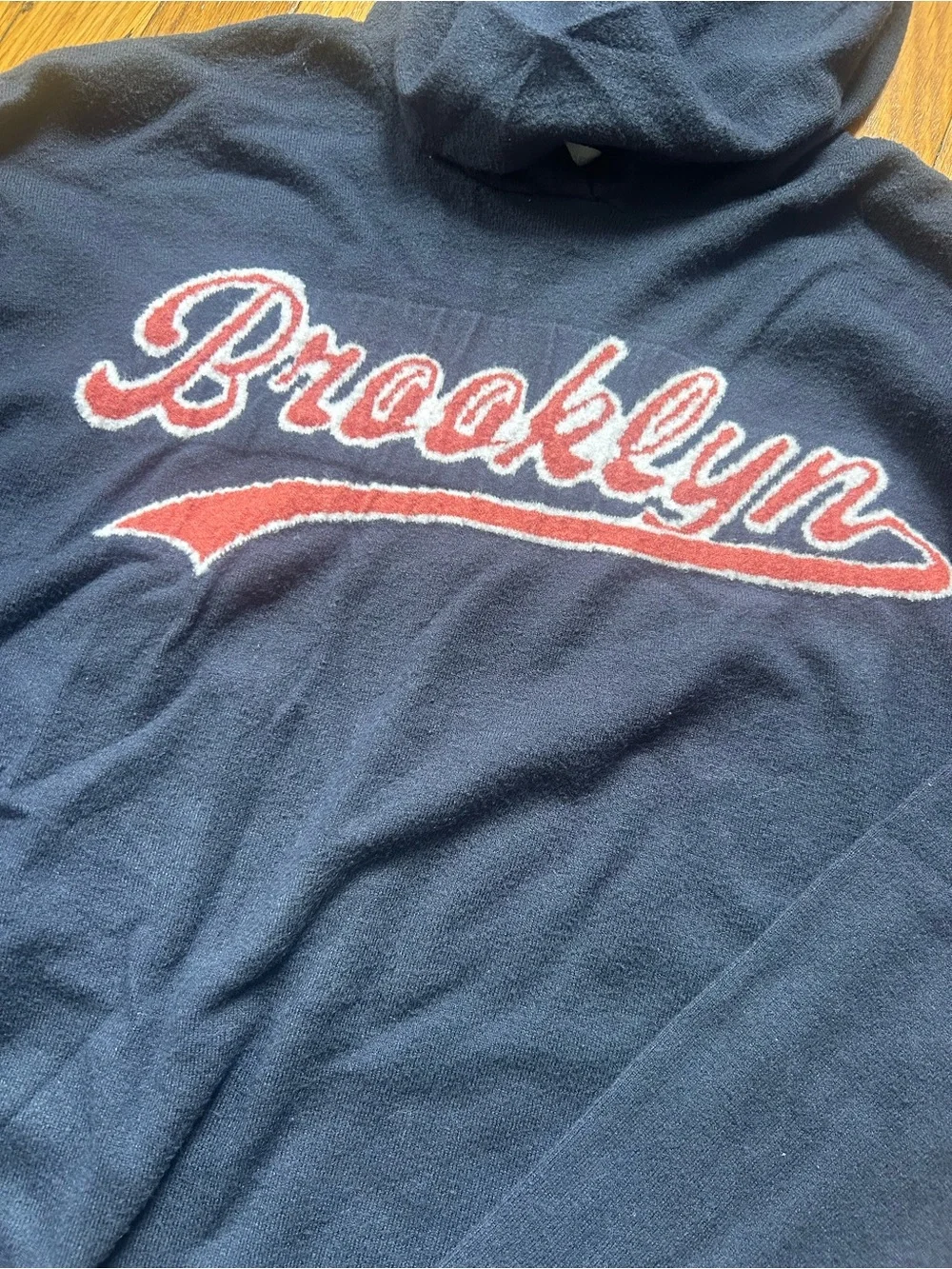 Market & Spruce Navy Crewneck Sweater with Red and White 'Brooklyn' Script